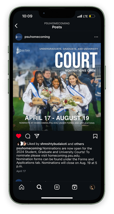 Instagram post for Homecoming Court nominations, shown on a phone screen