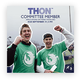 THON Committee Member recruitment graphic, green shirts