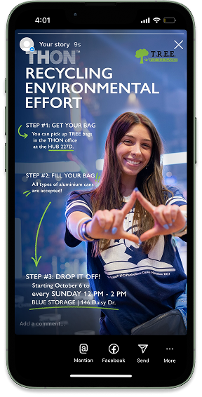 Instagram story for THON TREE recycling environmental effort